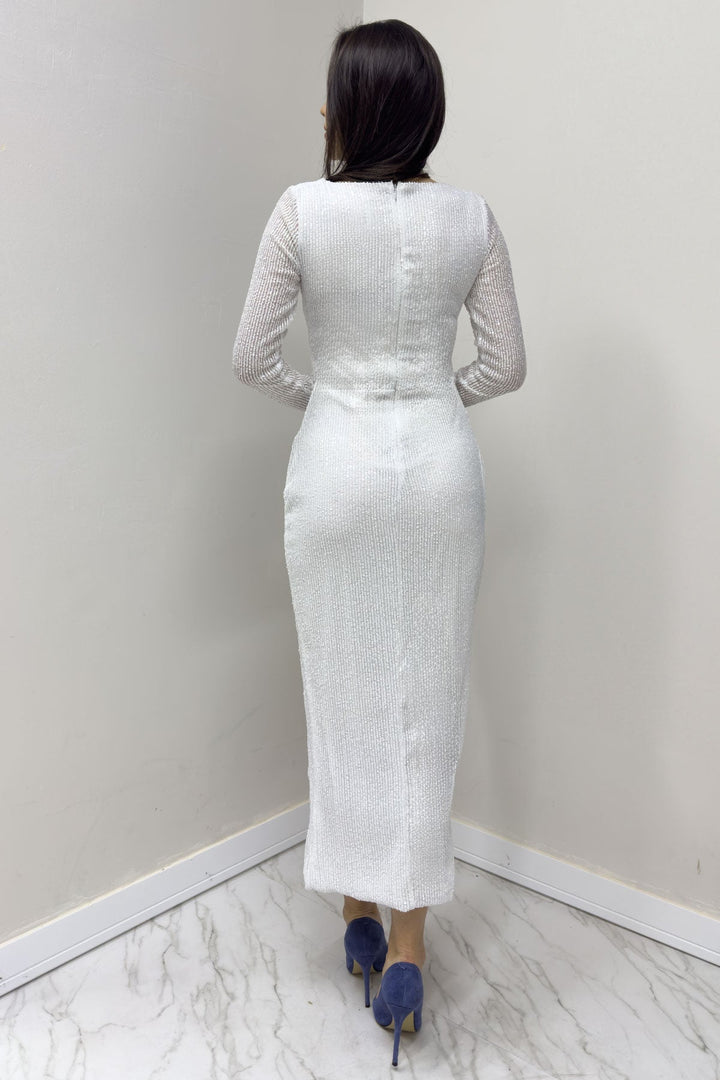 Beyaz Kruvaze Yaka Payet Tasarım Uzun Kollu Abiye Elbise - Elbise Delisi