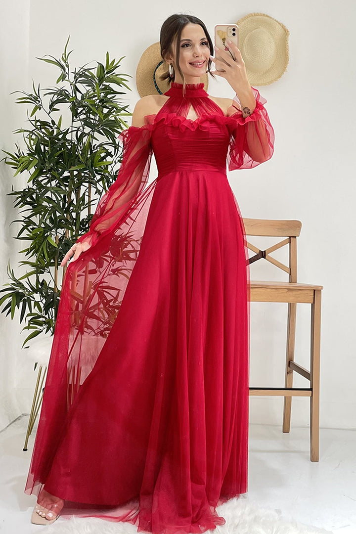 Kırmızı Tül Drapeli Büyük Beden Abiye Elbise - Elbise Delisi