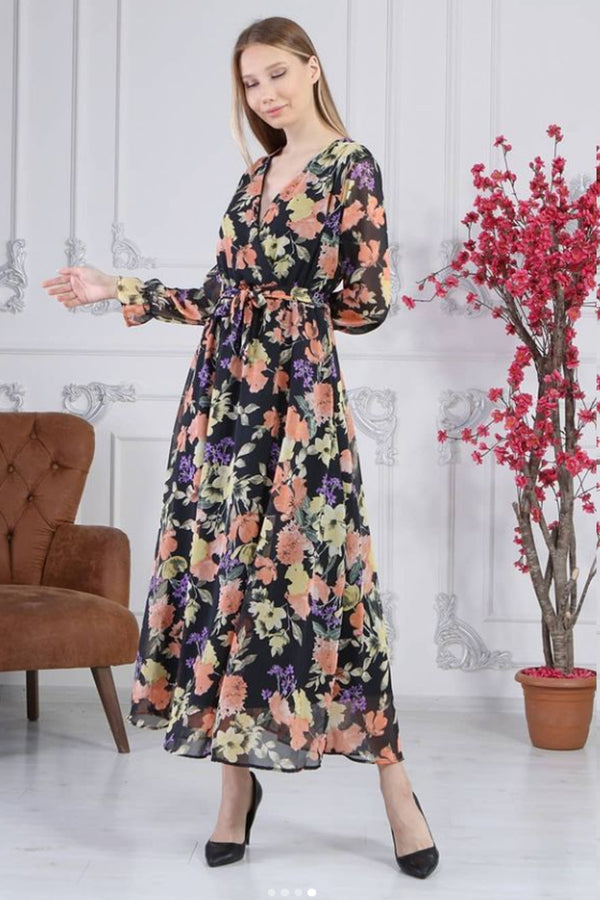 Black Colored Floral Double Breasted Neck Chiffon Dress