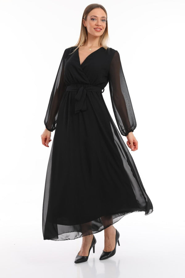 Siyah Kruvaze Yaka Kuşaklı Büyük Beden Şifon Maxi Elbise