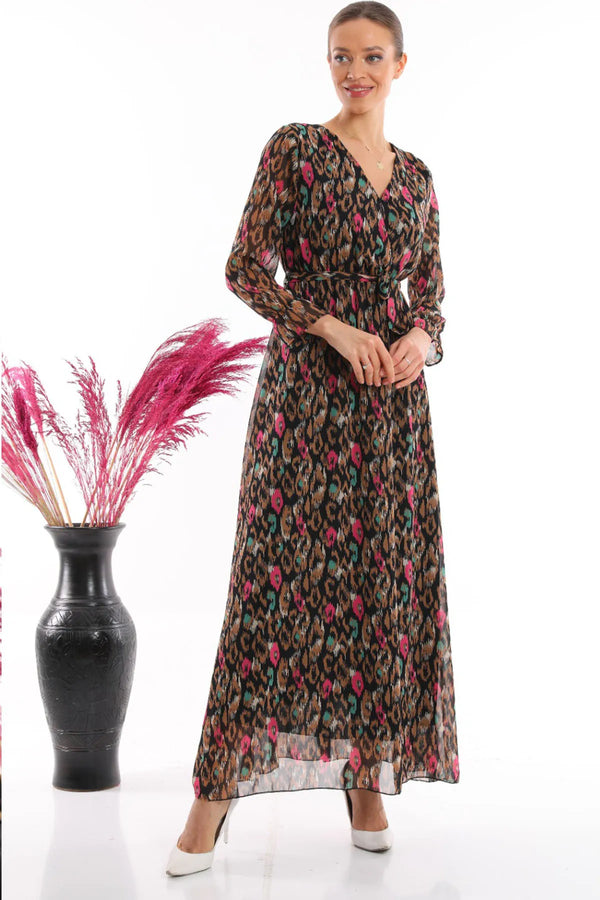 Women's Black Shawl Pattern Double Breasted Collar Chiffon Dress