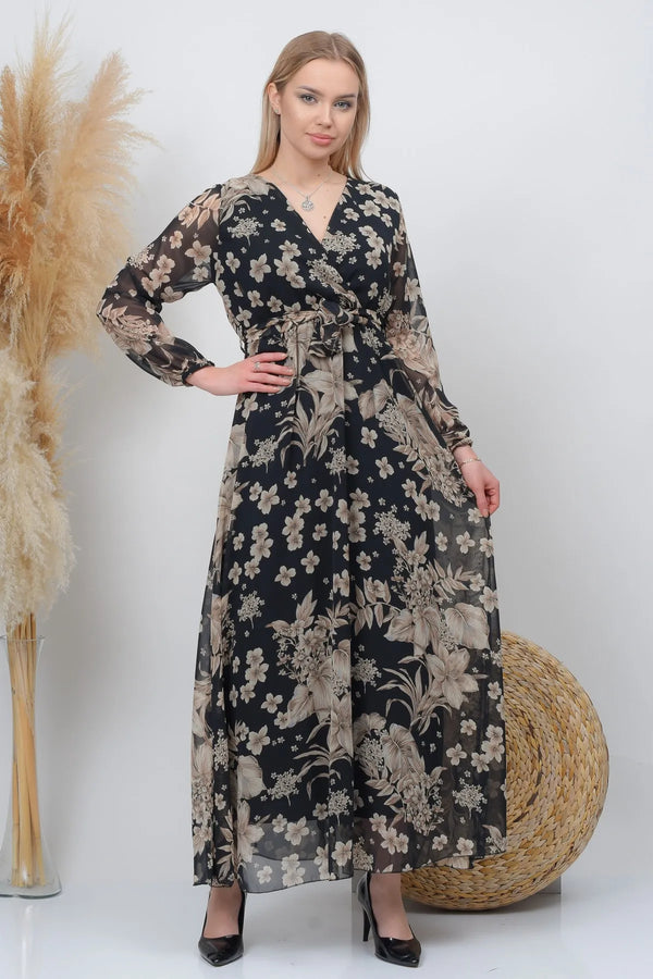 Women's Black Floral Double-breasted Chiffon Dress