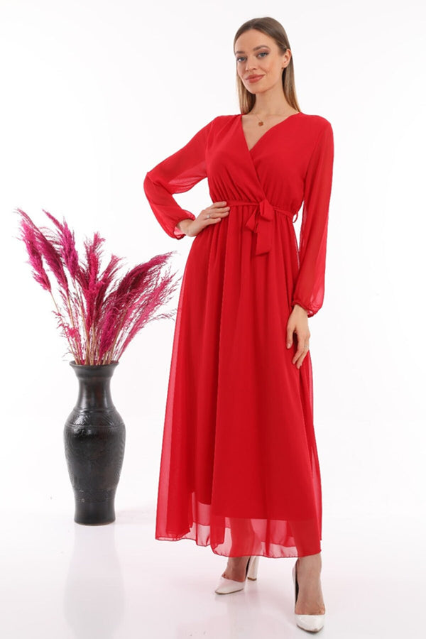 Kırmızı Kruvaze Yaka Kuşaklı Büyük Beden Şifon Maxi Elbise
