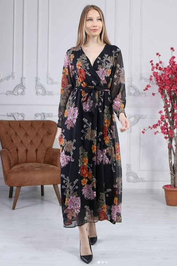 Black Floral Double Breasted Neck Chiffon Plus Size Dress