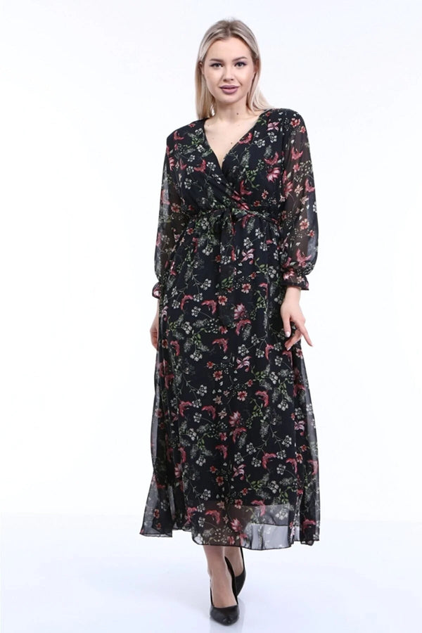 Kadın Siyah Çiçekli Kruvaze Yaka Şifon Elbise