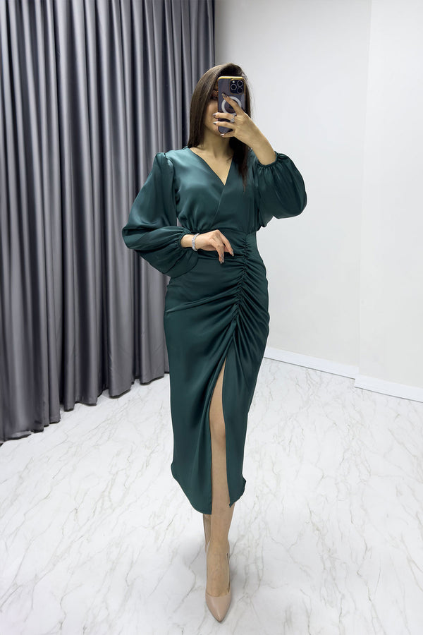 Emerald Green Women's Double Breasted Satin Draped Slit Detailed Balloon Sleeve Plus Size Dress