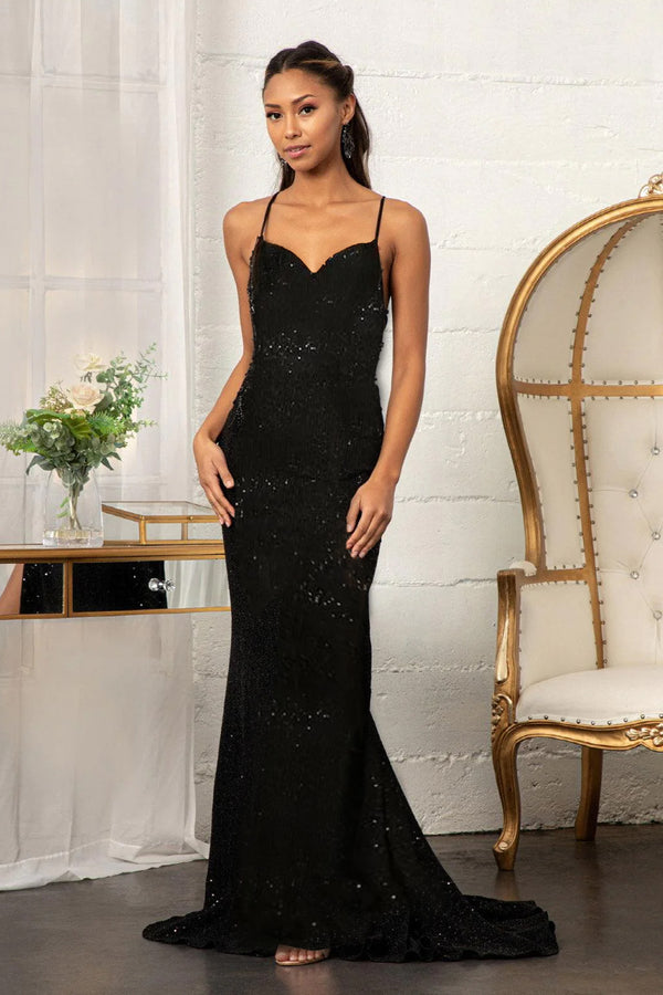Black Women's Fish Model Sequined Thin Strap Back Detail Evening Dress
