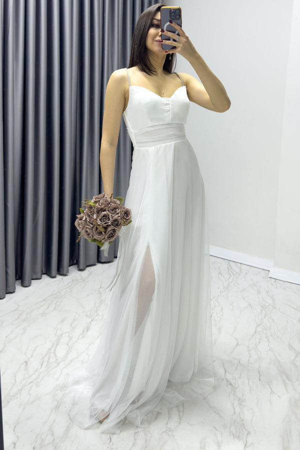 Women's White Stone Strap, Adjustable Slit Plus Size Evening Dress