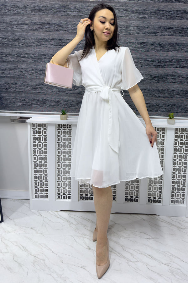 White Flared Half Sleeve Plus Size Chiffon Dress