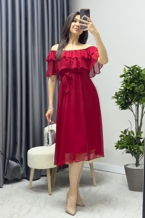 Kırmızı Madonna Carmen Fırfır Yaka Büyük Beden Şifon Elbise