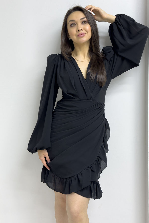 Kadın Siyah Mini Drapeli Şifon Elbise
