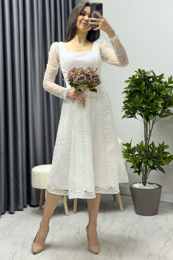 White Square Neck Embroidered Flared Evening Dress
