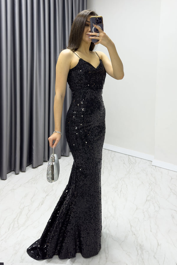 Black Rope Strap, Low-cut Back, String Tied Sequin Sequin Design Evening Dress with Tail