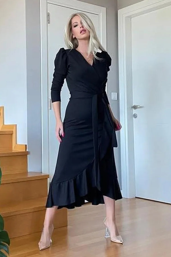 Siyah Kadın Karpuz Kol Kruvaze Krep Kuşaklı Büyük Beden Volanlı Elbise