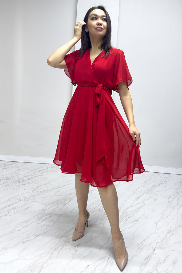 Kırmızı Kloş Yarım Kol Büyük Beden Şifon Elbise