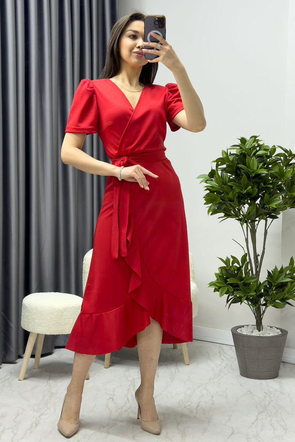 Rotes, kurzes, wassermelonenärmeliges, zweireihiges Kleid in Übergröße mit Gürtel