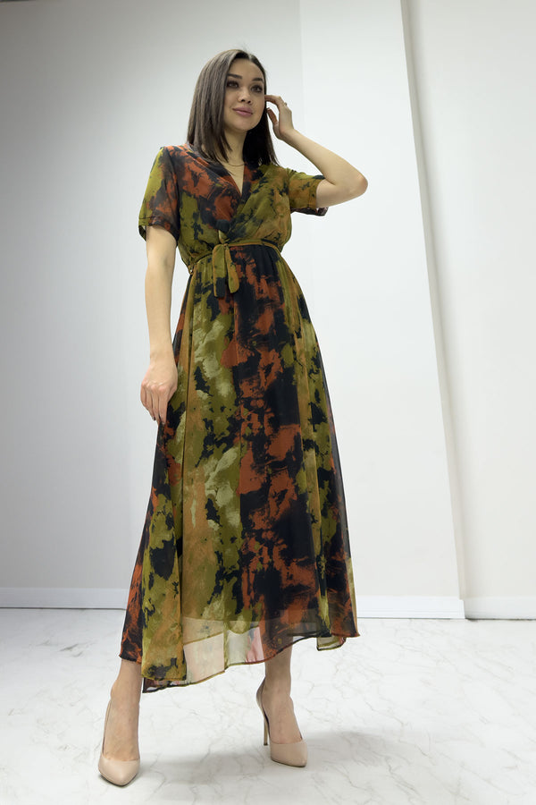 Batik Kısa Kol Kruvaze Yaka Büyük Beden Şifon Elbise
