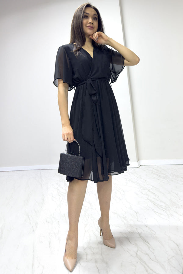 Black Flared Half Sleeve Plus Size Chiffon Dress