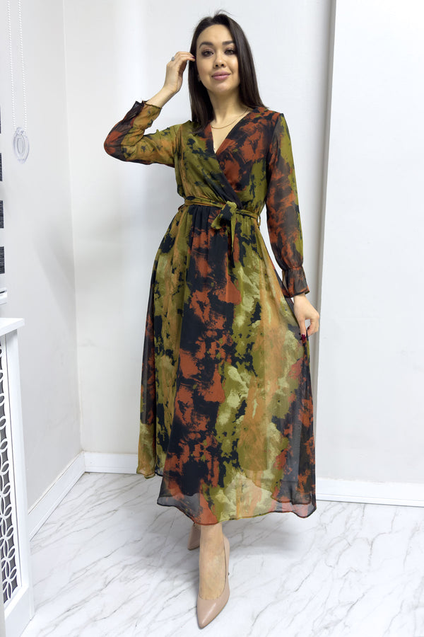 Batik Desen Kruvaze Yaka Şifon Büyük Beden Elbise