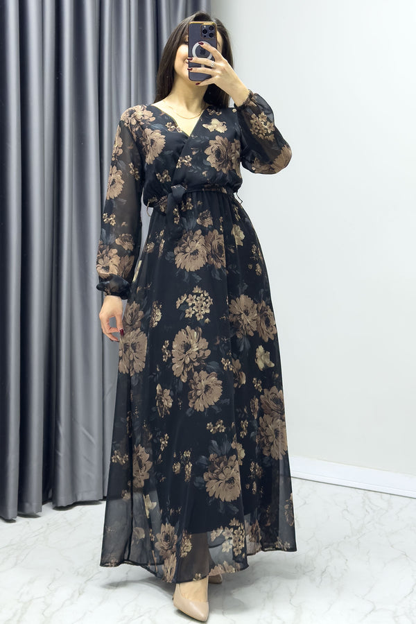 Siyah Kahverengi Çiçekli Kruvaze Yaka Şifon Büyük Beden Elbise