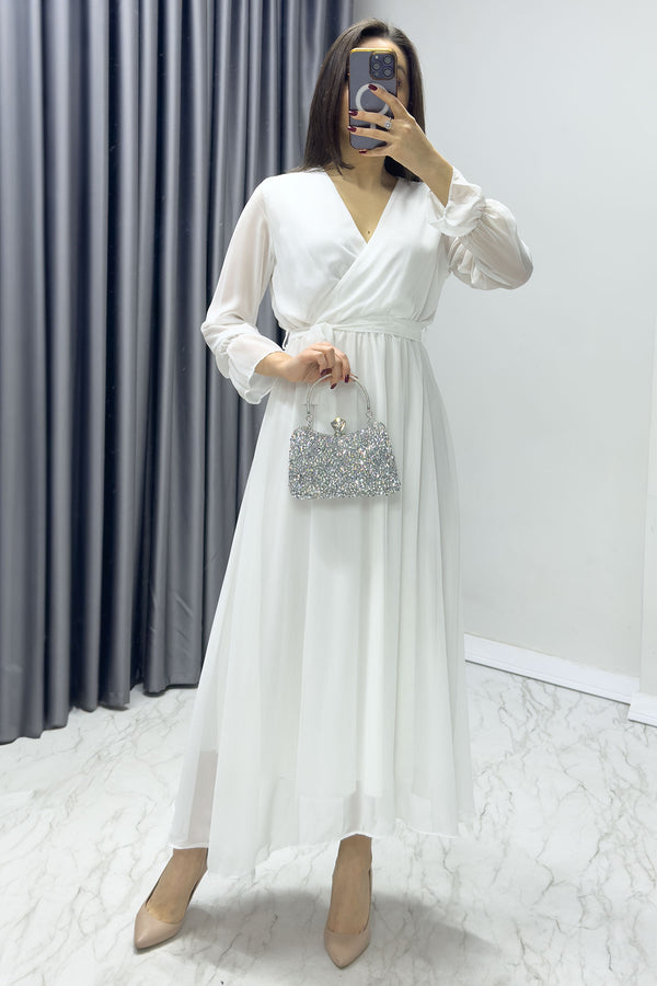 White Double Breasted Collar Chiffon Plus Size Dress