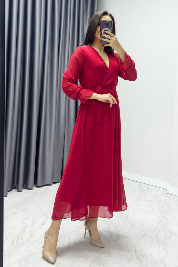 Rotes Kleid in Übergröße aus Chiffon mit zweireihigem Kragen und Kragen