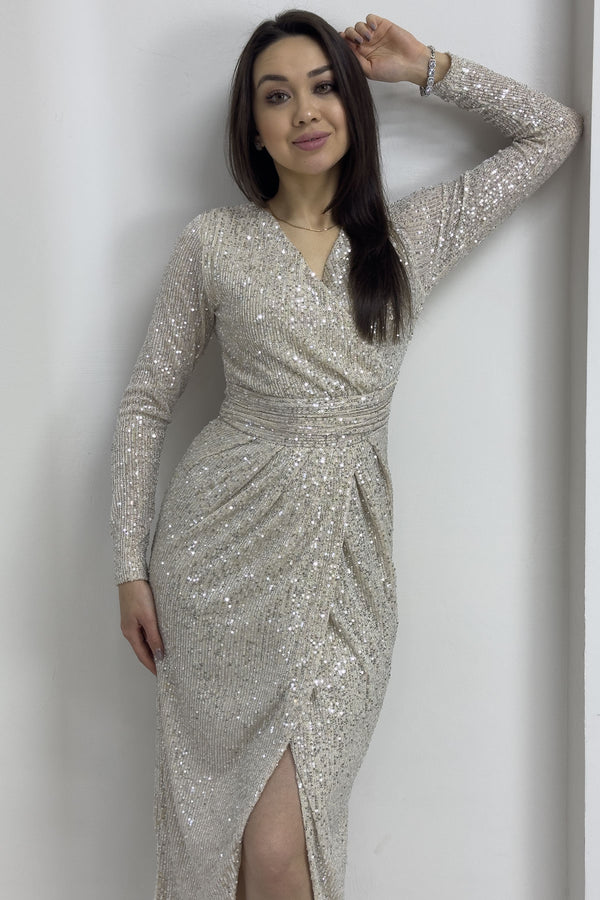 Bej  Kruvaze Yaka Payet Tasarım Uzun Kollu Abiye Elbise