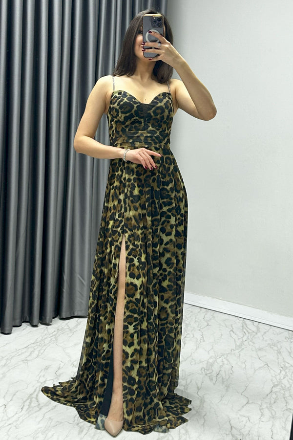 Damen-Abendkleid mit Leoparden-Stein-Trägern und verstellbarem Schlitz in Übergröße