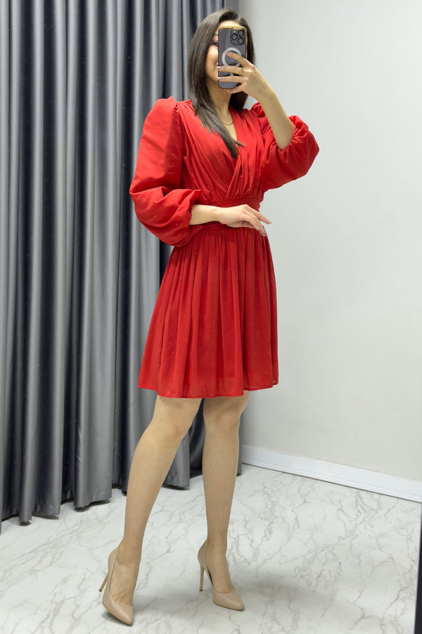 Kadın Kırmızı Balon Kol Şifon Elbise
