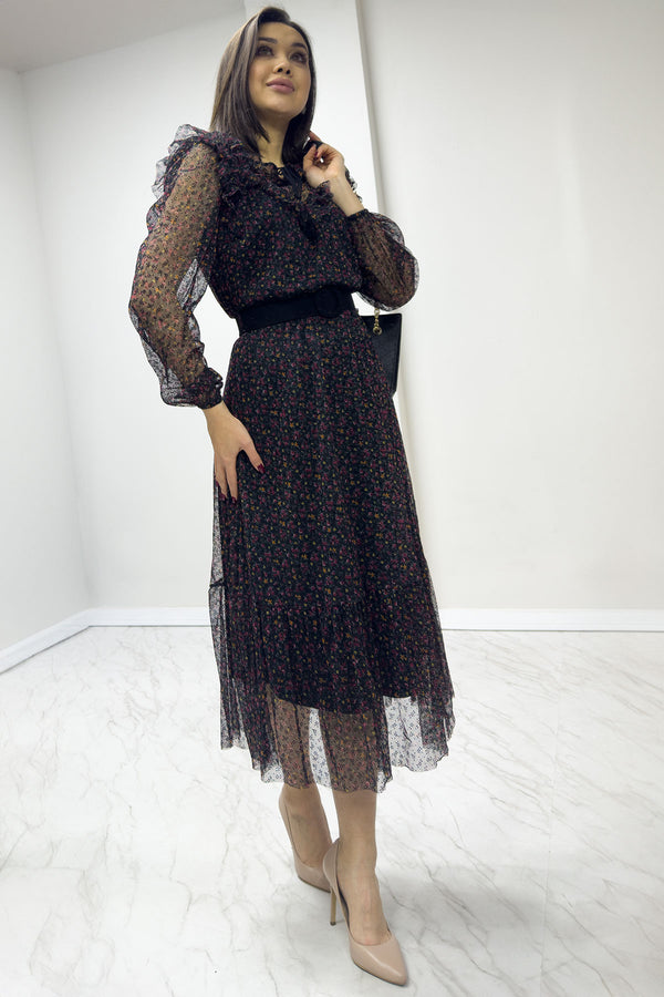 Siyah Mini Çiçekli  Kemerli Flok Büyük Beden Elbise