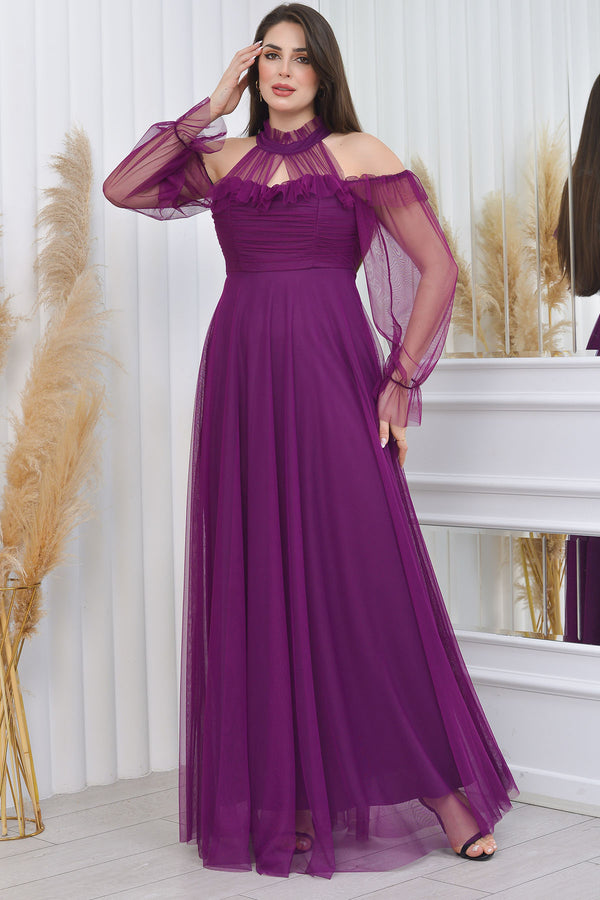 Purple Tulle Draped Plus Size Evening Dress