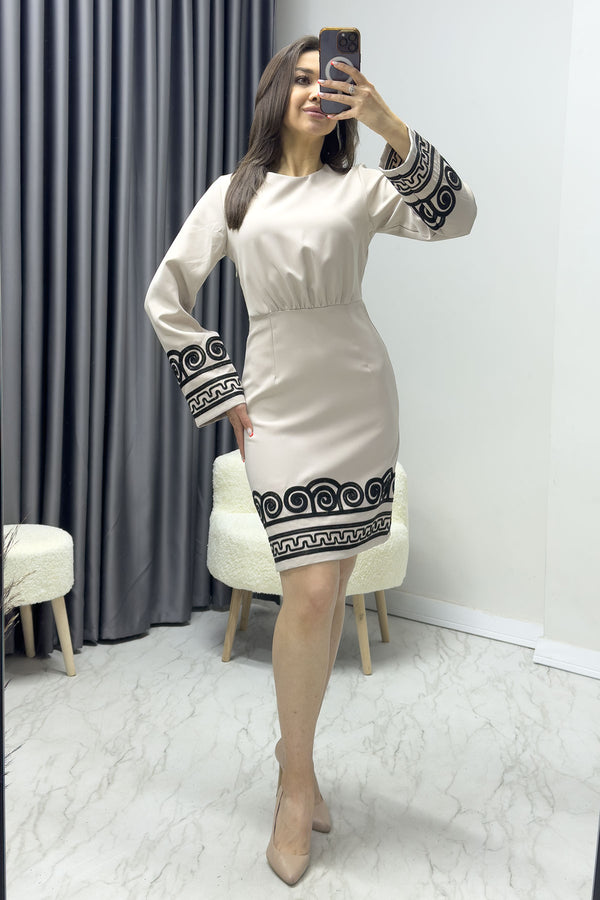 Beige Long Sleeve Embroidered Dress
