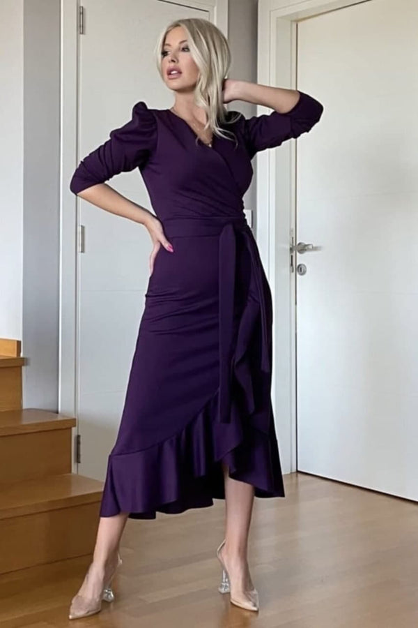 Mor Kadın Karpuz Kol Kruvaze Krep Kuşaklı Büyük Beden Volanlı Elbise