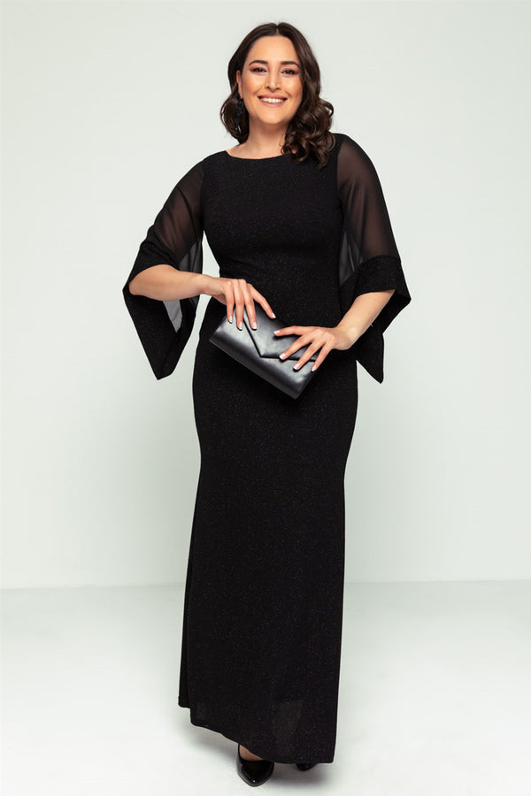 Schwarzes Damen-Abendkleid aus Chiffon mit Glitzerärmeln in Übergröße