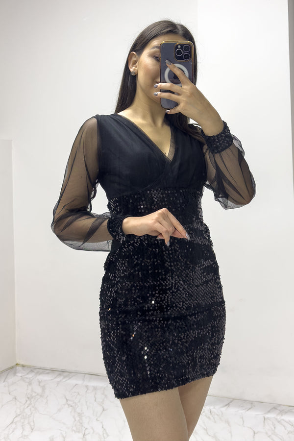 Siyah Kruvaze Yaka Payet Mini Abiye Elbise