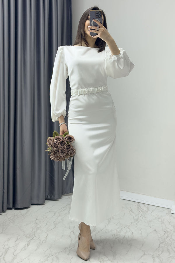 White Belted Balloon Sleeve Midi Satin Plus Size Evening Dress