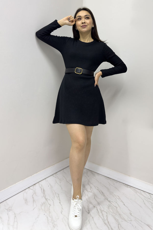 Black Belted Mini Camisole Long Sleeve Dress