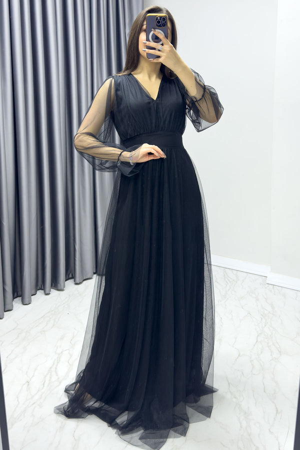 Black V-Neck Tulle Evening Dress