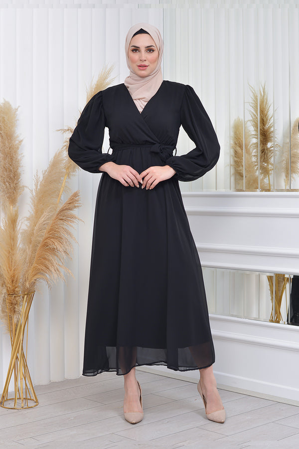 Kadın Siyah Tesettür Astarlı Büyük Beden Şifon Elbise
