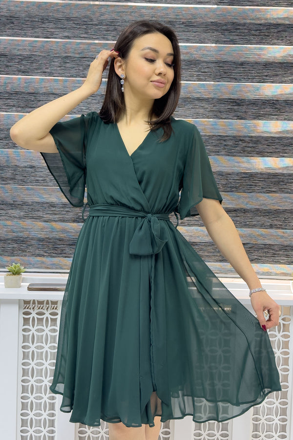 Emerald Green Flared Half Sleeve Plus Size Chiffon Dress