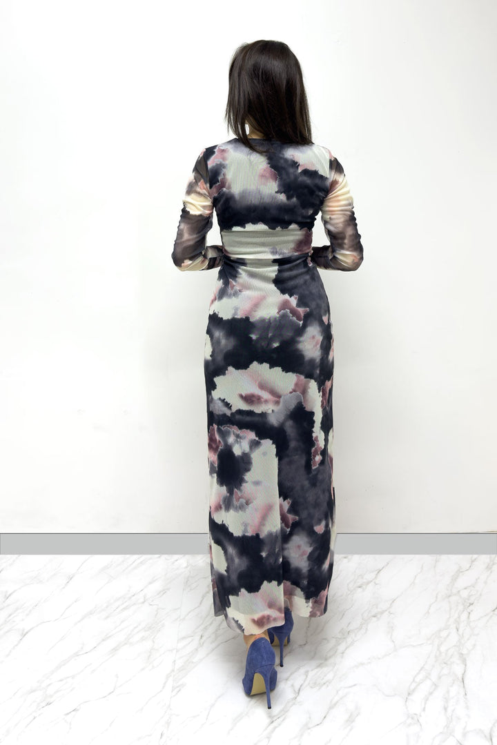 Batik Kruvaze Yaka Likralı Desenli Tül Elbise - Elbise Delisi