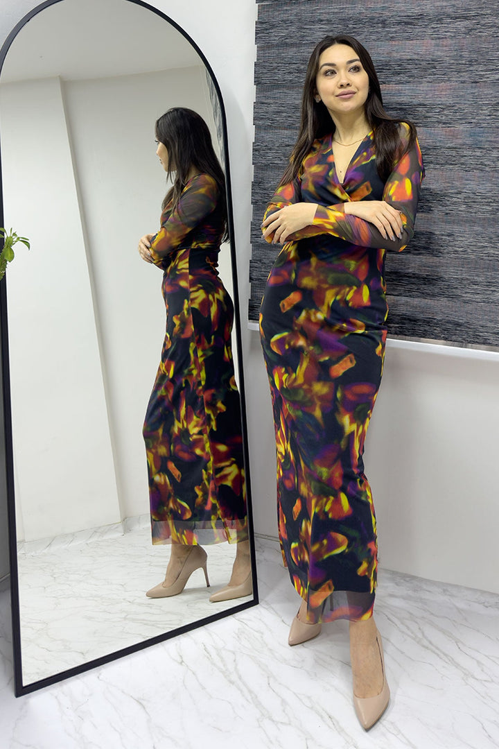 Batik Kruvaze Yaka Likralı Tül Elbise - Elbise Delisi