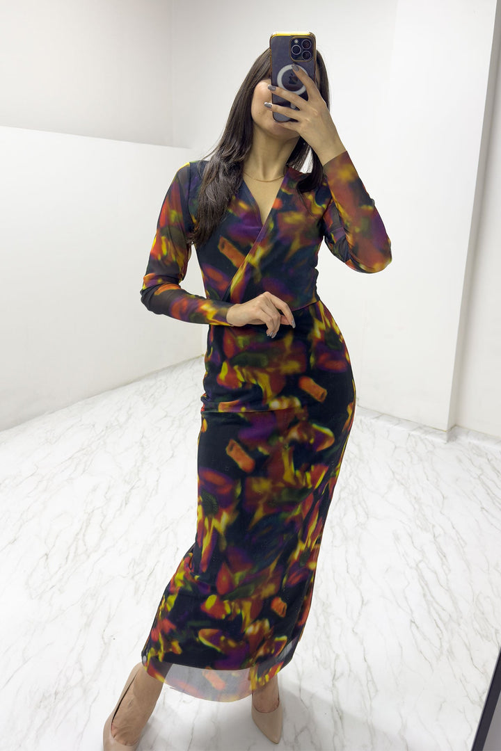 Batik Kruvaze Yaka Likralı Tül Elbise - Elbise Delisi