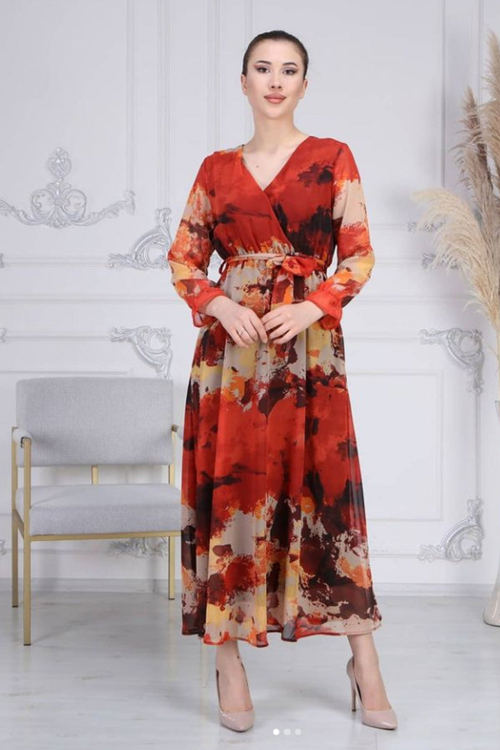 Batik Kruvaze Yaka Şifon Büyük Beden Elbise - Elbise Delisi