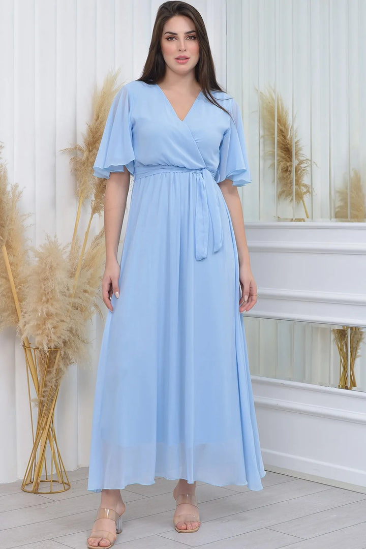 Bebe Mavisi Şifon Sıfır Kol Büyük Beden Elbise - Elbise Delisi