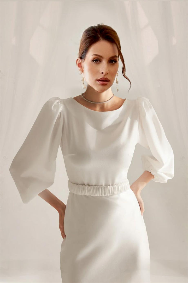 Beyaz Kemerli Balon Kol Midi Saten Büyük Beden Abiye Elbise - Elbise Delisi