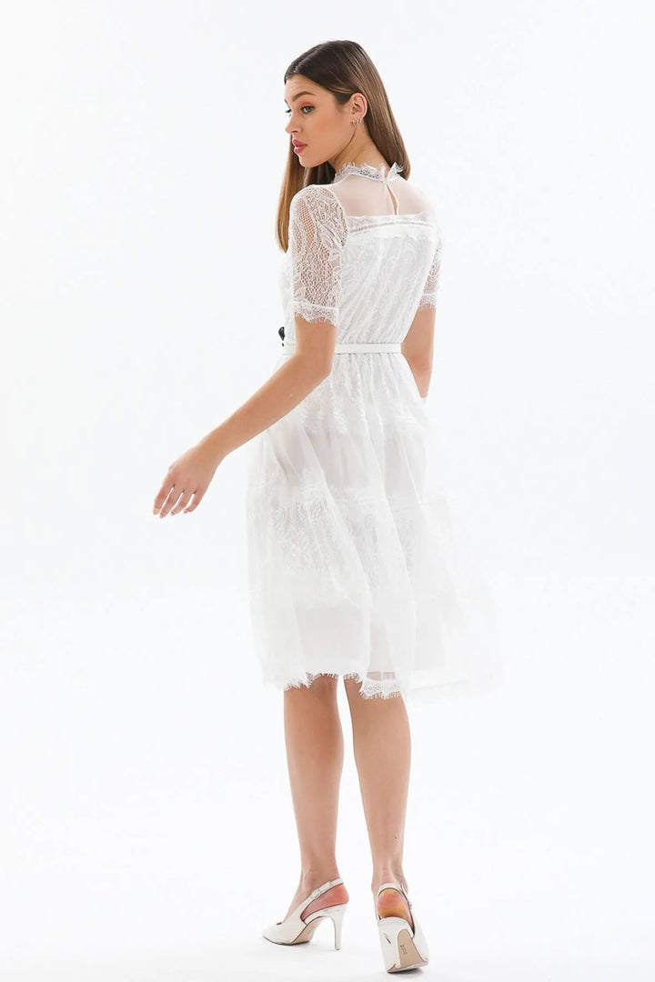 Beyaz Kısa Kol Güpürlü Abiye Elbise - Elbise Delisi