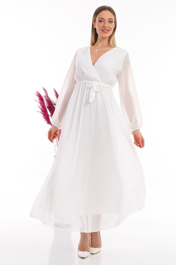 Beyaz Kruvaze Yaka Kuşaklı Büyük Beden Şifon Maxi Elbise - Elbise Delisi