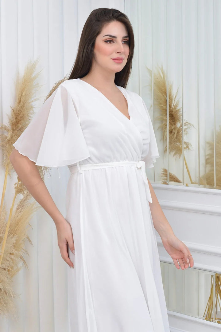 Beyaz Şifon Sıfır Kol Büyük Beden Elbise - Elbise Delisi