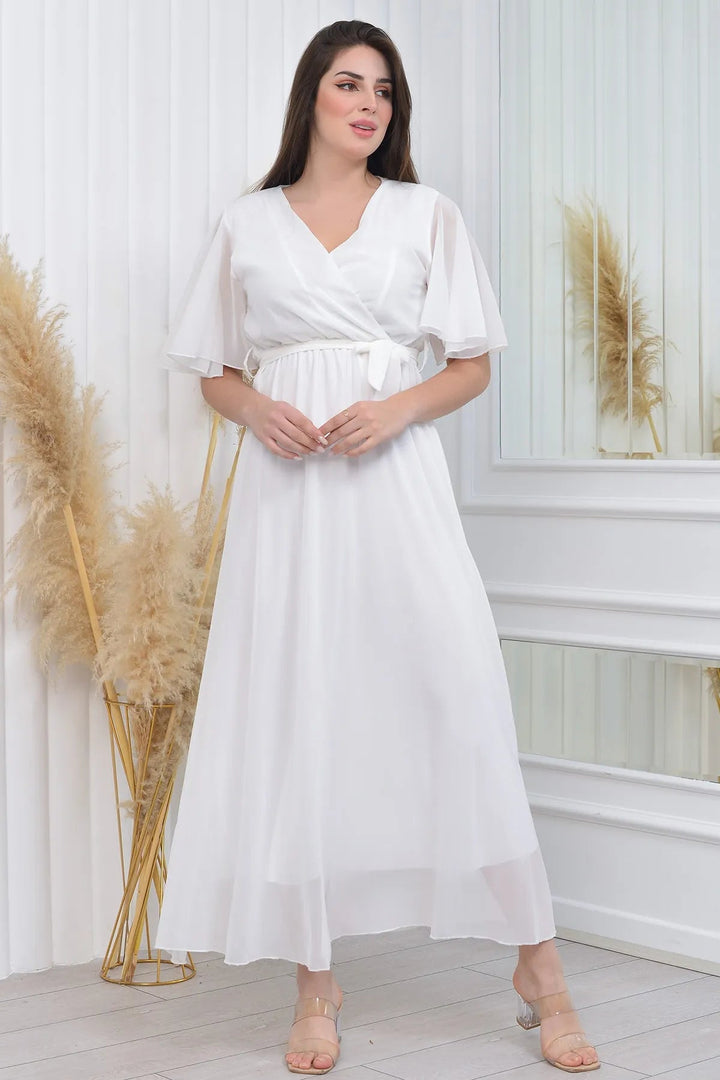 Beyaz Şifon Sıfır Kol Büyük Beden Elbise - Elbise Delisi